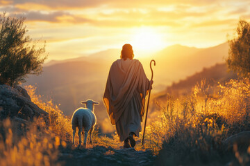 Canvas Print - Shepherd and Lamb Sunset.