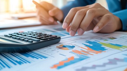 Poster - A close-up of a hand using a calculator with financial documents and graphs spread out on a desk, symbolizing careful financial planning and analysis.