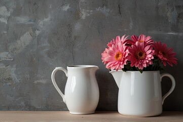 Wall Mural - pink flowers in white jug on background gray wall