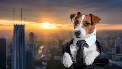 Wall Mural - Dramatic image of a Jack Russel puppy in a suit atop a skyscraper.