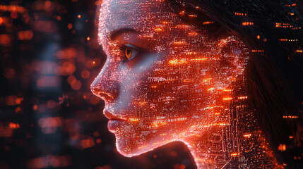 Canvas Print - Side profile of a futuristic artificial intelligence computer head with glowing lines and data