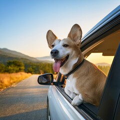 Wall Mural - Excited dog leaning out of car window on a road trip.