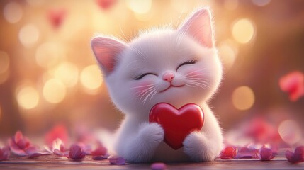 Cute White Kitten Holding a Red Heart