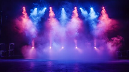 A dynamic concert scene with smoke, blue and red spotlights, setting a vibrant party mood.