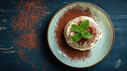 Canvas Print - A beautifully plated Italian tiramisu dessert, topped with cocoa powder and fresh mint leaves