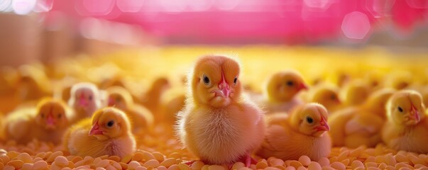 Adorable fluffy yellow chick basking in warm sunlight, surrounded by a soft, glowing background. Free copy space for text.