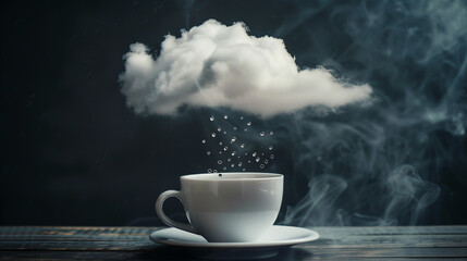 A white coffee cup with steam rising from it, with a cloud in the background. Concept of warmth and comfort, as well as a feeling of relaxation and leisure