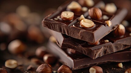 Wall Mural - A close-up view in 3D of stacked dark chocolate bars, each layer topped with whole hazelnuts, highlighting the luxurious blend