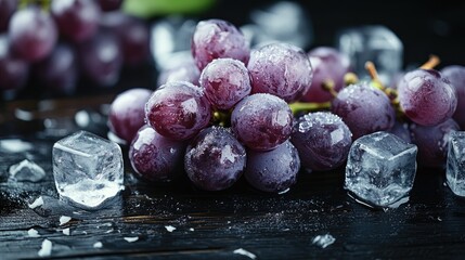 Canvas Print - A cluster of fresh purple grapes surrounded by shimmering ice cubes on a dark wooden surface, capturing the contrast between