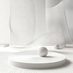 Wall Mural - minimalistic abstract design featuring spherical shapes and flowing lines in a white grid environmen
