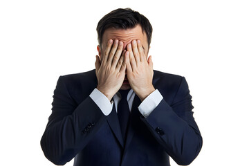 Sticker - Portrait of overstressed business man covering face with his hands isolated. Emotion of stress or despair