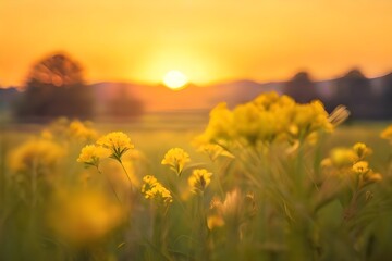 Wall Mural - Abstract soft focus sunset field landscape of yellow flowers and grass meadow warm golden hour sunset sunrise time. Tranquil spring summer nature closeup and blurred forest background. Generative AI