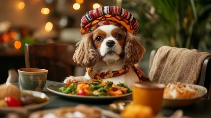 A Cavalier King Charles Spaniel dog, wearing a colorful traditional costume, sits at a table with a plate of food. The dog is looking at the camera with a curious expression. The scene is set in a coz