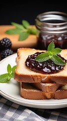 Poster - Fig jam, plate and toaster bread in hand on white background, 