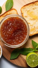 Poster - Fig jam, plate and toaster bread in hand on white background, 