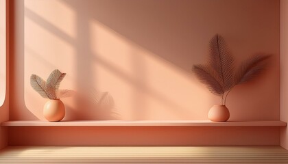 Minimalist pastel wall with window shadows and shelf for product presentation.