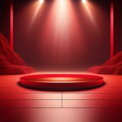 Minimalist red platform with spotlights highlighting a single product.