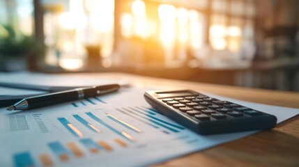 Aufkleber - A close-up of business documents, a calculator, and a pen on a desk, with a focus on a financial report and charts, emphasizing productivity and organization.