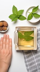 Wall Mural - Fig jam, plate and toaster bread in hand on white background 