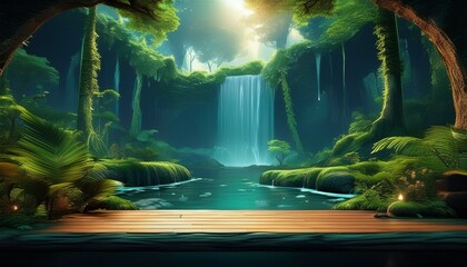 Wall Mural - Nature-inspired virtual news set with forest backdrop and waterfall.