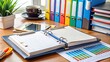 © Man888 - A neatly organized binder lies open on a desk, showcasing a detailed operations manual with colorful tabs and diagrams, surrounded by office supplies.