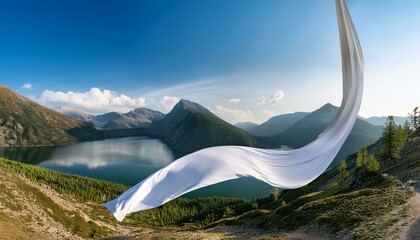 Wall Mural - Panoramic view of mountain landscape with white silk cloth floating on a lake.