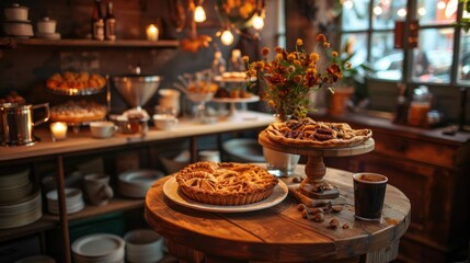 Wall Mural - Cozy Bakery Scene with Pies and Coffee