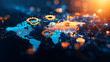 © Pungu x - Abstract depiction of global economy symbols interconnected by policy gears, concept of international economic strategy