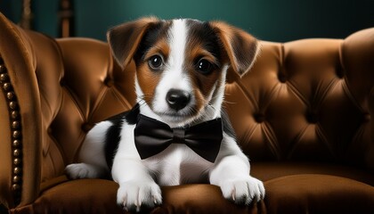 Wall Mural - Photorealistic image of a Jack Russel puppy in a tuxedo on a velvet armchair.