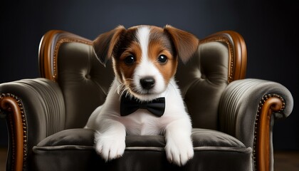 Wall Mural - Photorealistic image of a Jack Russel puppy in a tuxedo on a velvet armchair.