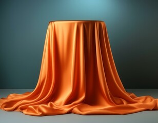 Photorealistic orange silk cloth draped over a minimalist pedestal.