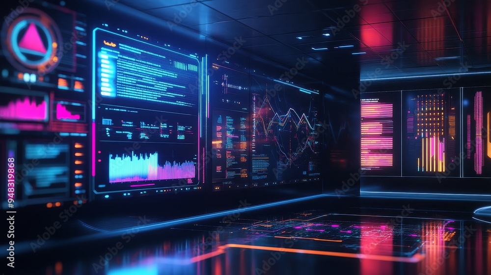 A futuristic room with multiple screens displaying colorful data ...