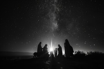 Silhouette of Nativity Scene Against Starry Night with Bethlehem Star

