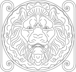 Wall Mural - Sketch vector illustration silhouette design drawing ornament carving floral animal lion classic vintage ethnic carving 