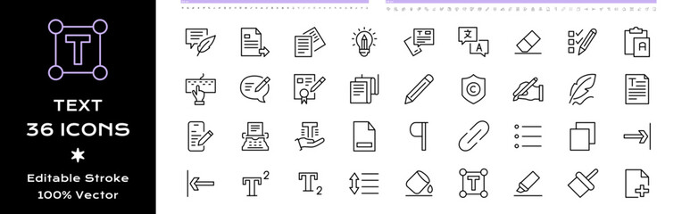 Text line icons - editable stroke black icon set