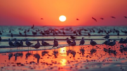 Wall Mural - Sunset with reflection on the sea and front of crowd of the bird