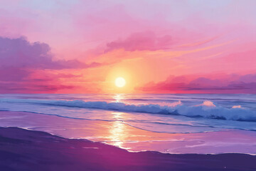 Sticker - Sunset Beach Vector Illustration