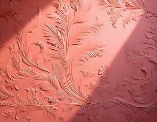 Wall Mural - Textured pastel pink coral wall with floral pattern bathed in soft light and subtle shadows.