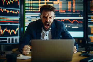 Canvas Print - Angry annoyed caucasian business man, trader sitting at workplace with laptop, screaming.