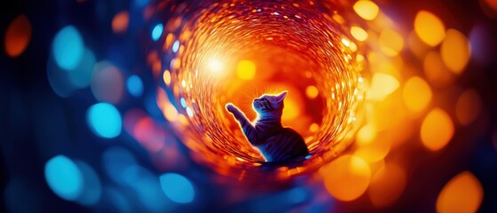 Two playful cats dancing with joy inside a swirling, colorful tunnel, their movements captured in a dynamic burst of vibrant energy