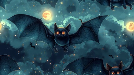 A seamless cartoon pattern featuring friendly bats with wide wingspans, flying across a sky dotted with full and crescent moons, with soft, glowing clouds on a dark teal background. --ar 16:9 --v 6.