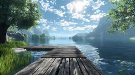 Wall Mural - Wooden Dock Extending into a Tranquil Lake with Mountain Views.