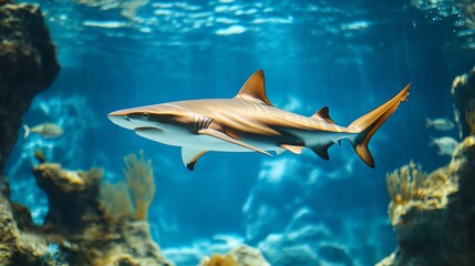 A dynamic shot of a shark swimming gracefully underwater, showcasing its streamlined body and powerful tail against a clear blue ocean backdrop.