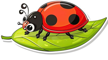 Poster - Cute, kawaii cartoon ladybug on a leaf