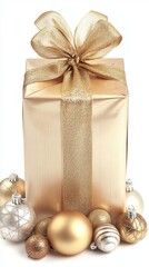 A beautifully wrapped golden gift sits gracefully among shiny ornaments, creating a festive atmosphere for the holiday season