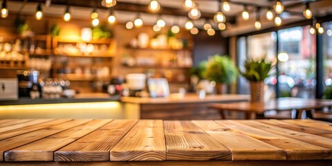 Poster - Empty wooden table in cafe interior with blurred background for product display