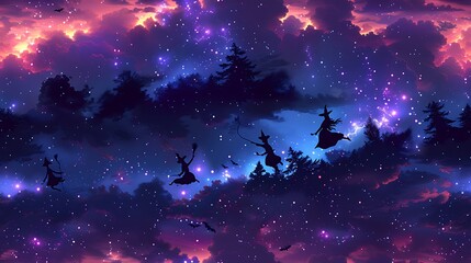 A seamless cartoon pattern featuring silhouettes of witches flying on broomsticks, surrounded by twinkling stars and wispy clouds, set against a deep purple night sky. --ar 16:9 --v 6.0 --tile