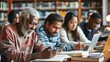 © Nany - A diverse group of adult learners studying in a library, with textbooks and laptops on the table