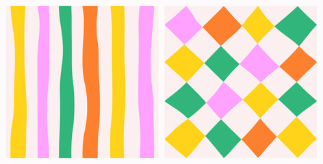 Set of seamless abstract geometric pattern of multicolored rhombuses in a row on a light background and stripes, harlequin motifs, hand drawn illustration