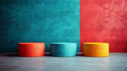 Poster - Three round pedestals are placed in front of a red and blue wall